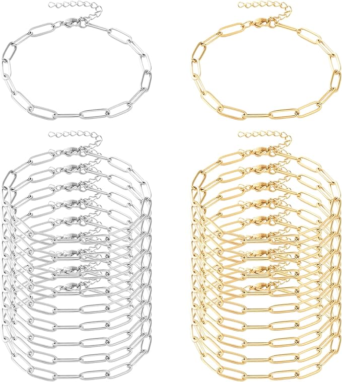 Exway 20 Pcs Paperclip Charm Bracelets Chain 6.5 Inch Stainless Steel Gold and Sliver Chain Bracelets Kit with Lobster Clasps for Crafts DIY Women Jewelry Making