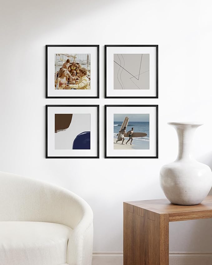 HAUS AND HUES 16x16 Black Metal Picture Frames Matted to 12x12 - Features Premium Aluminum & Hanging Hardware, Shatterproof Plexiglass - Ideal for Home, Room, Office (16x16 in, Black, Set of 4)