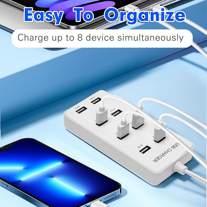 USB Wall Charger USB Charging Station for Multiple Devices 8-Ports Power Hub Strip Smart Charger Block Compatible with iPhone, Galaxy, iPad Tablet, and Other Devices（White）