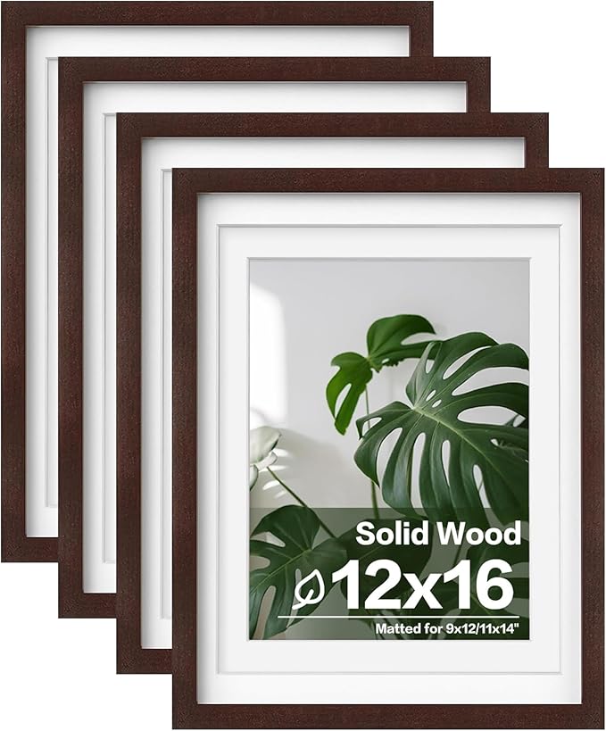Egofine 12x16 Picture Frames with Plexiglass, Display Pictures 9x12/11x14 with Mat or 12x16 Without Mat Set of 4 for Wall Mounting,Walnut Color