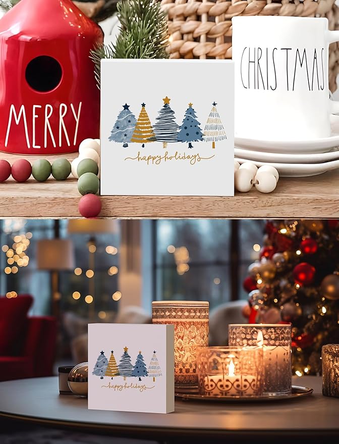 Minimalist Navy Blue and Gold Christmas Tree Wooden Box Sign, Preppy Christmas Desk Decor, Xmas Tree Winter Happy Holiday Wood Signs for Home Office Desk Shelf Tabletop Decor, 5x5 Inch Decorative Signage