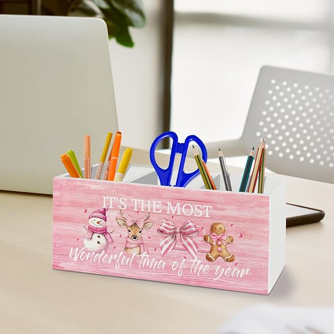 Pink Christmas Pen Pencil Holder Organizer for Desk Accessories, Preppy Coquette Bow Snowman Reindeer Gingerbread Wooden Box Sign Desk Decor for Girly Bedroom Dorm Room Decoration