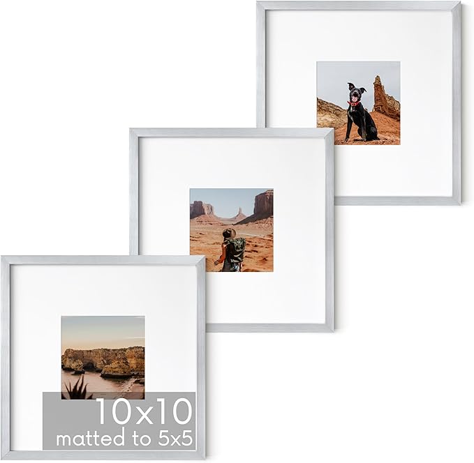 HAUS AND HUES 10x10 Silver Metal Picture Frames Matted to 5x5 - Features Premium Aluminum & Hanging Hardware, Shatterproof Plexiglass - Ideal for Home, Room, Office (10x10 in, Silver, Set of 3)