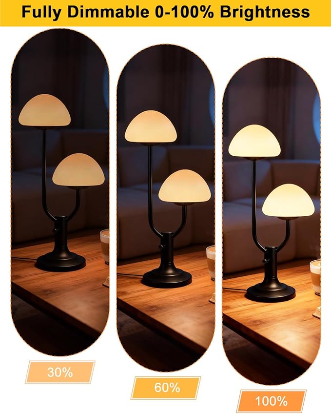 Lightdot Mushroom Table Lamp for Bedroom, Desk Bedside Small Lamps for Living Room Night Stands, Cute Modern Mid Century Lamps Dimmable with 2 LED Bulbs, Unique Aesthetic Home Decor-Black