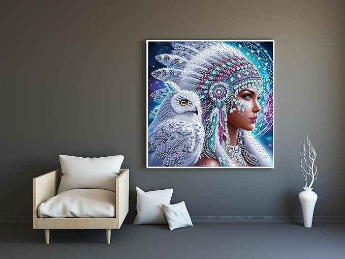 Acelii 5D Diamond Art Kits for Adults Beginners,Indian Young Woman and Owl DIY Full Round Drill Diamond Painting Kits,Rose Paint by Diamonds Dots Gem Art Easy,Home Wall Decor 14X14 Inch
