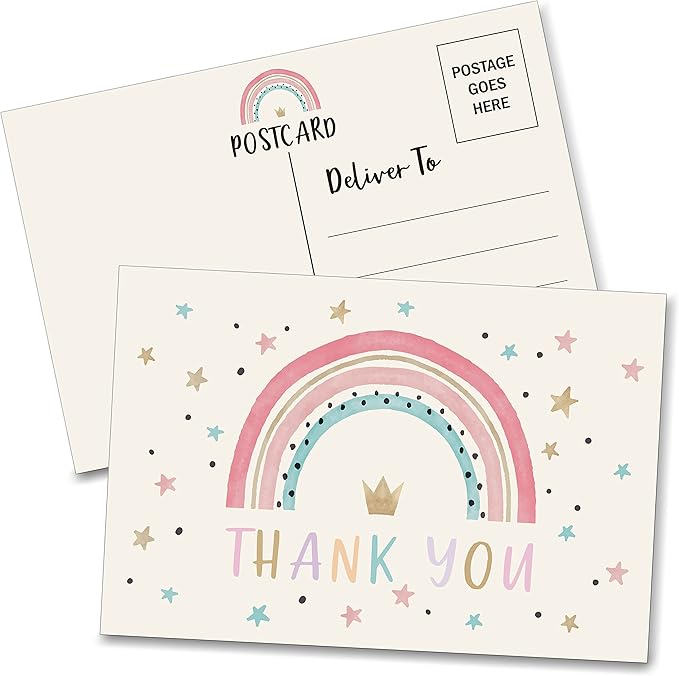 Birthday Thank You Postcards, Watercolor Rainbow Thank You Cards for Kids Girls Boys Birthday Party, Baby Shower Party, Set of 20 (A02)