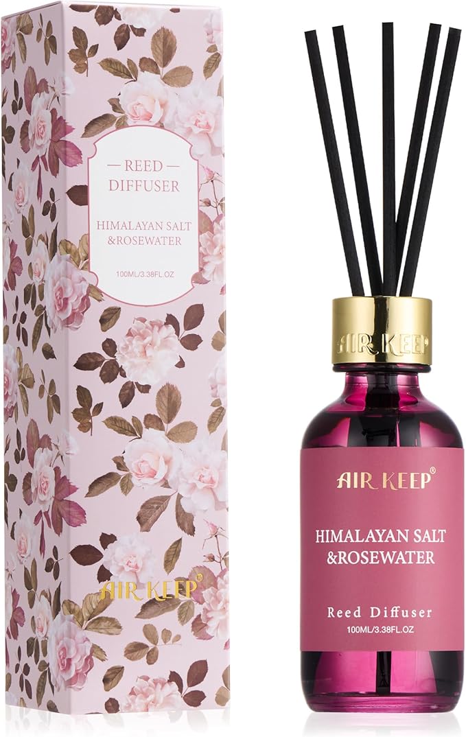 Airkeep Reed Diffuser Set, 3.38 fl oz (100 ml) - Himalayan Sali&Rosewater Oil Diffusers with 8 Reed Sticks, Home Fragrance Reed Diffuser for Bathroom Shelf Decor