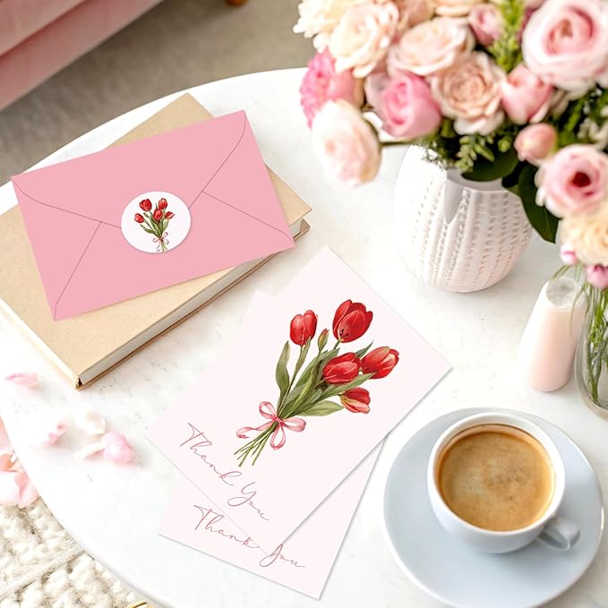 Whaline 24 Pack Tulip Flower Thank You Cards Greeting Cards Pink Floral Blank Note Card with Envelopes Stickers for Spring Mother's Day Wedding Bridal Baby Shower Birthday, 4 x 6 Inch