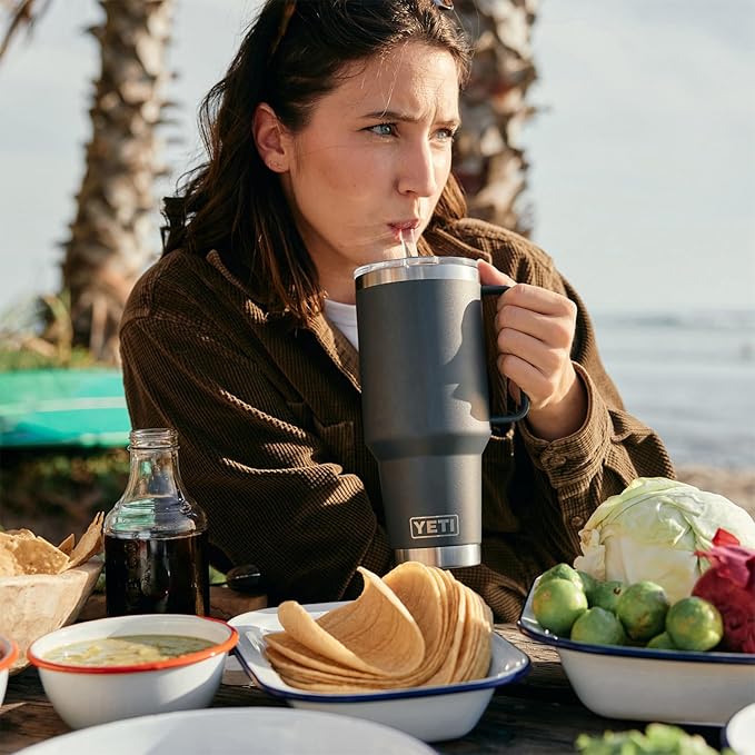 YETI Rambler 42 oz Tumbler with Handle and Straw Lid, Travel Mug Water Tumbler, Vacuum Insulated Cup with Handle, Stainless Steel, Cherry Blossom - Textured