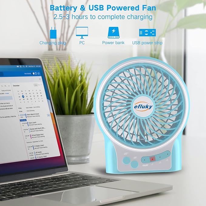 efluky 3 Speeds Mini Desk Fan, Rechargeable Battery Operated with LED Light
