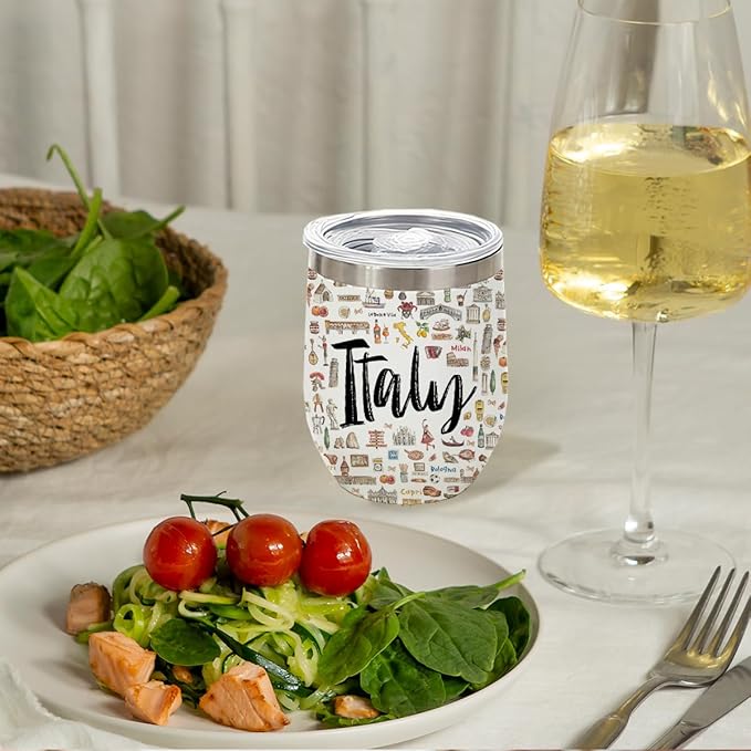Italy Gifts Italian Travel Souvenir Wine Tumbler 12 oz Insulated Wine Glass Cup with Lid Straw Vacuum Insulated Cup,Travel Lover Gifts for Women Friend Men Christmas Halloween Birthday