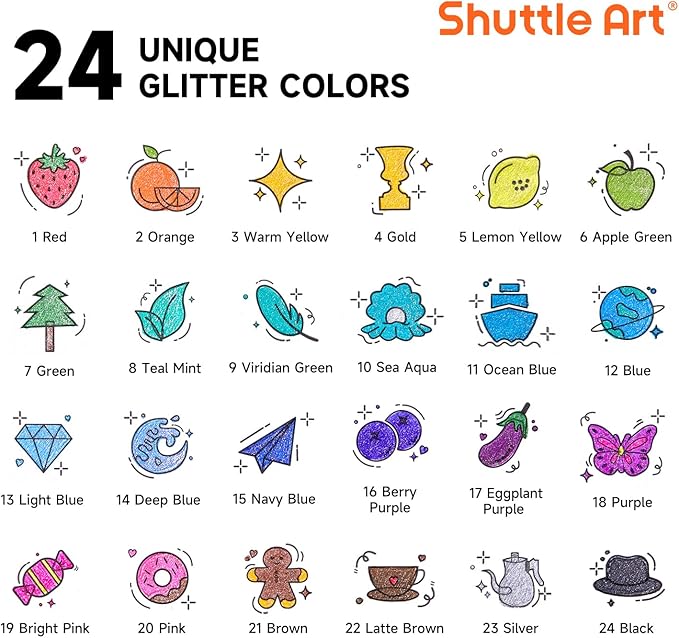 Shuttle Art Glitter Gel Pens, 24 Vibrant Sparkle Retractable Glitter Colored Gel Pens Set 1.0mm Bold Point Smooth Writing for Adults Coloring Books Drawing Doodling Scrapbooking Journaling