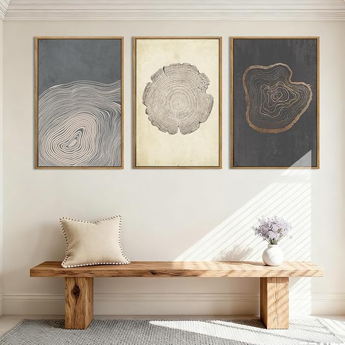 Anyzal Neutral Abstract Tree Ring Wall Art Black Beige Gray Wood Stump Wall Decor Modern Minimalist Tree Spiral Art Prints for Living Room Bedroom Dining Room 16x24 Inch 3 Pieces