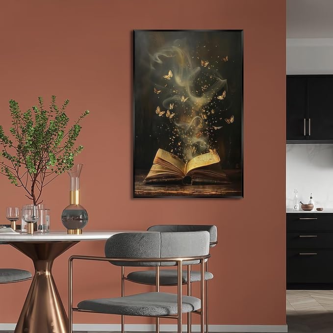 Whimsical Enchanted Open Book Wall Art Vintage Golden Butterflies Aesthetic Poster Print Funny Mystical Smoke Canvas Picture Decor for Office Bedroom Living Room Apartment 24x36inch Metal Black Framed