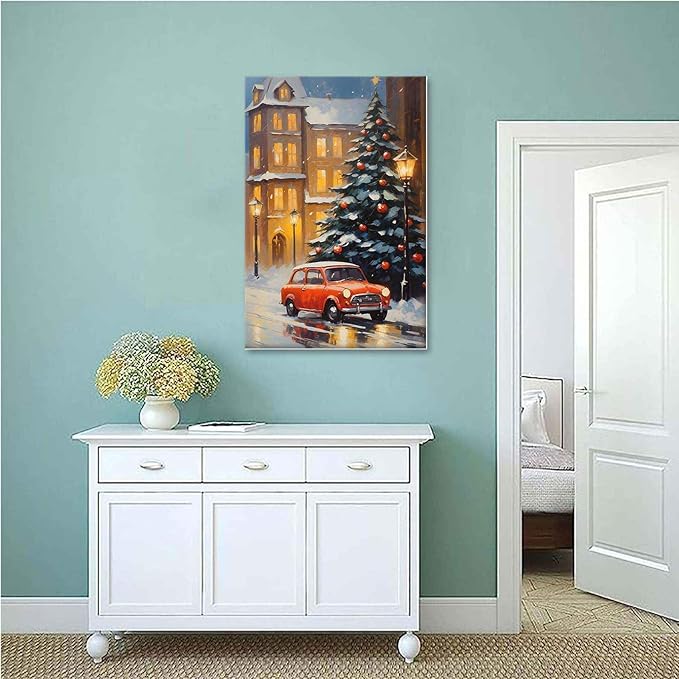 Framed Canvas Wall Art Snowy Christmas tree and red car art print Christmas in the city classic timeless red car snow cosy winters day 8x12in Wood Framed
