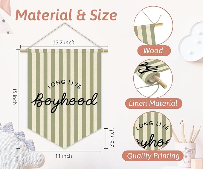 Boys Room Decor, Long Live Boyhood Boy Nursery Linen Canvas Banner, Green and White Striped Wall Hanging Pennant Flag Banner for Boys Kids Toddler Room Bedroom Playroom Decor, 15x11in