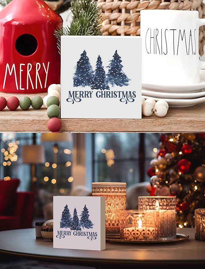 Navy Blue Christmas Tree Wooden Box Sign, Blue Christmas Decor, Farmhouse Merry Xmas Tree Winter Holiday Wood Signs for Home Office Desk Shelf Tabletop Decor, 5x5 Inch Decorative Signage