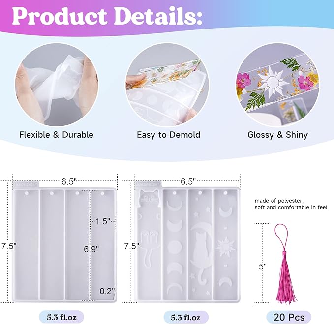 LET'S RESIN Bookmark Resin Molds Silicone 1.5'' Wide, Blank and Cat Moon Pattern Silicone Bookmark Molds Kit with 20pcs Tassels, Rectangle Bookmark Molds for Epoxy Resin Casting Crafts