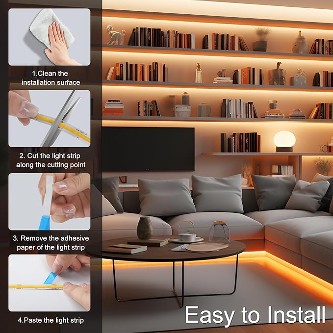 24V COB LED Strip, LED Strip for Bedroom, Touch Dimmable LED Strips, Warm White LED Light Strip, COB Flexible Light for Bedroom Cabinet Vanity Mirror DIY Lighting