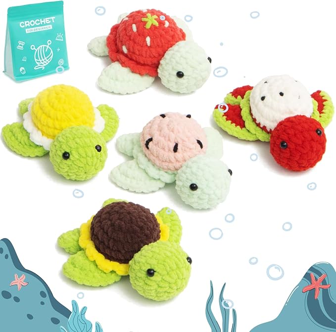 POP COCHE Crochet Kit for Beginners, Crochet Starter Kits for Adults, Amigurumi Craft Knitting Crochet Animal Kit with Step-by-Step Video Tutorials, 5 Fruite Turtles (40%+ Yarn)