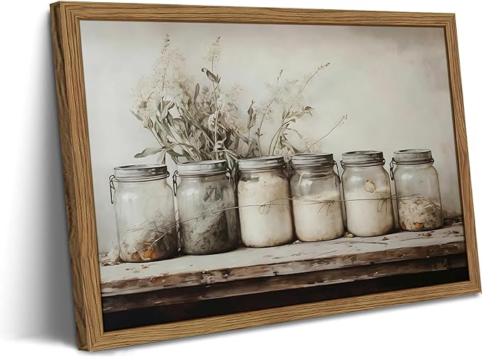 Framed Vintage Kitchen Canvas Wall Art, Rustic Farmhouse Mason Jar Pictures Wall Decor, Country Spice Still Life Paintings Prints Home Decor Artwork for Dining Room 12x16 inch