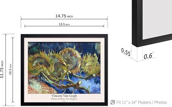 Monem Art Vintage Van Gogh Poster - Retro Blumen in Blauer Vase Anagoria Print - Sunflower Art - Impressionism Art - Fine Art - Classic Painting Art - Bedroom Wall Decor - 11x14 Black Framed