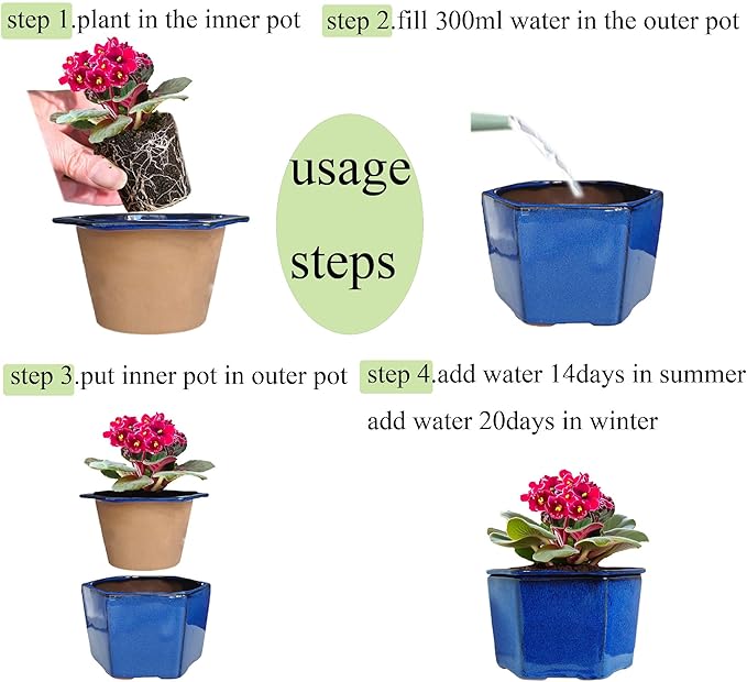 African Violet Pots 6 inch Hexagon Self-Watering Ceramic Violet Pots 4.50'' Opening (Blue)