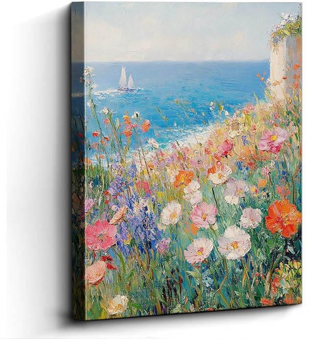 Coastal Wildflower Wall Art 12x15 – Ocean View Flower Field Poster Print, Unframed Laminated Paper Art for Home or Office Décor – Hanging & Tabletop Display
