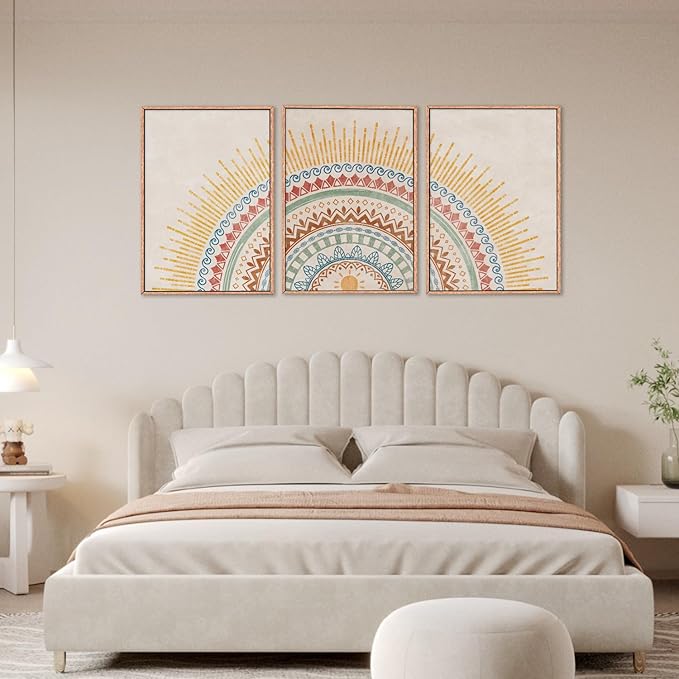 HPINUB Boho Sun Framed Canvas Wall Art Set, Mid-Century Modern Wall Decor, Minimalism Bohemian Wall Painting, Abstract Geometric Pattern Art Print for Living Room, Bedroom, Office - 24"x36"x3