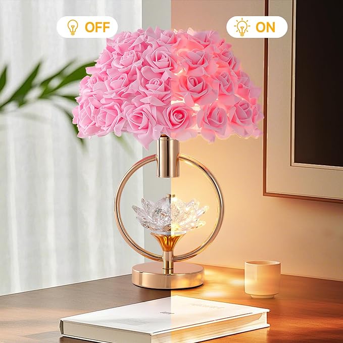 Modern Pink Rose Table Lamp with Crystal 17IN Romantic Flower Bedside Lamp Princess Nightstand Lamp Creative Desk Light for Girl Bedroom Living Room Entry Hotel Wedding Christmas Gift