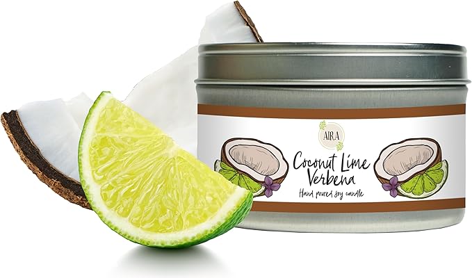 Aira Soy Candles - Organic, Kosher, Vegan, in Mason Jar w/Therapeutic Grade Essential Oil Blends - Hand-Poured 100% Soy Candle Wax - Paraffin Free, Burns 60+ Hours - Coconut Lime Verbena - 8 Ounces