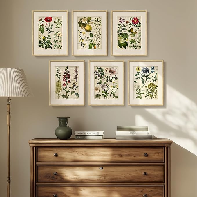 Framed Floral Botanical Wall Art, Set of 6 Green Painting Canvas Prints with Mat for Modern Farmhouse Kitchen Wall Decor, Rustic Plant Flower Pictures for Living Room Bedroom Dining Room Hallway, 11x14