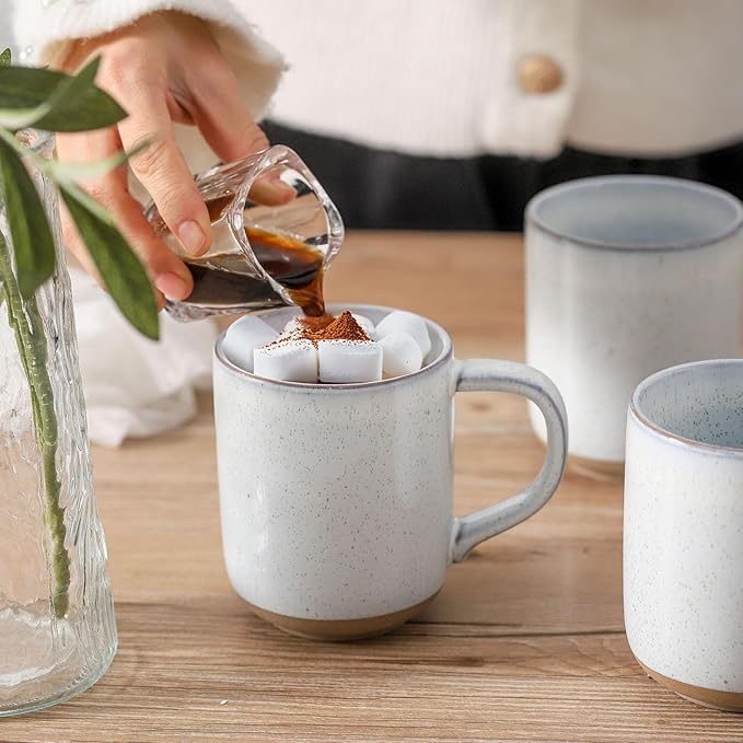 HASENSE Coffee Mugs, 12 OZ Coffee Cups Ceramic Set of 4 with Handle and Speckled Patterns for Man Woman, Vintage Stoneware Porcelain Coffee Cups Set for Tea, Cocoa, Milk, Latte and Cappuccino - White