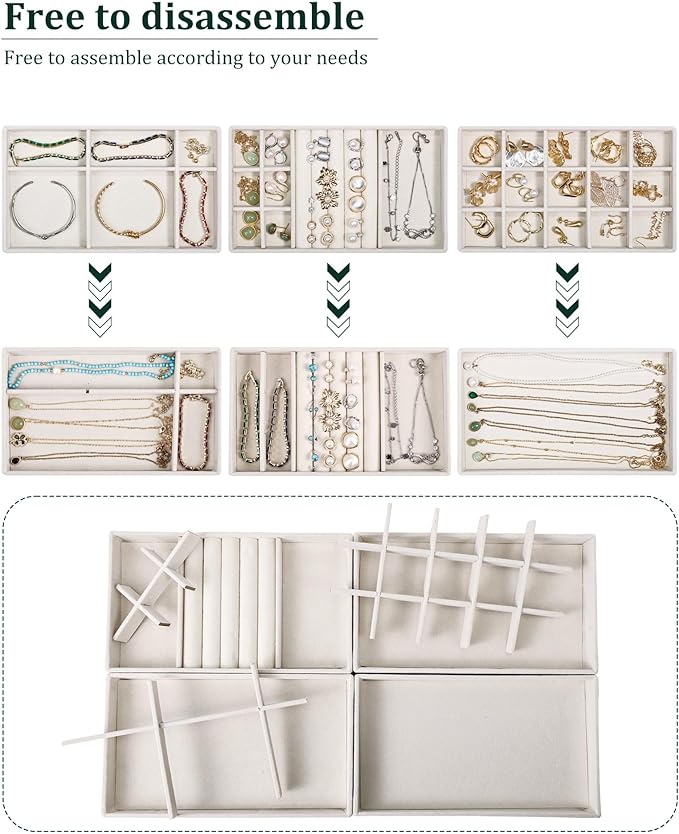Stackable Jewelry Organizer Trays with Removable Dividers, 4-Tray Beige Jewelry Drawer Organizer Set for Earrings, Necklaces, Rings & Bracelets Gift for Her