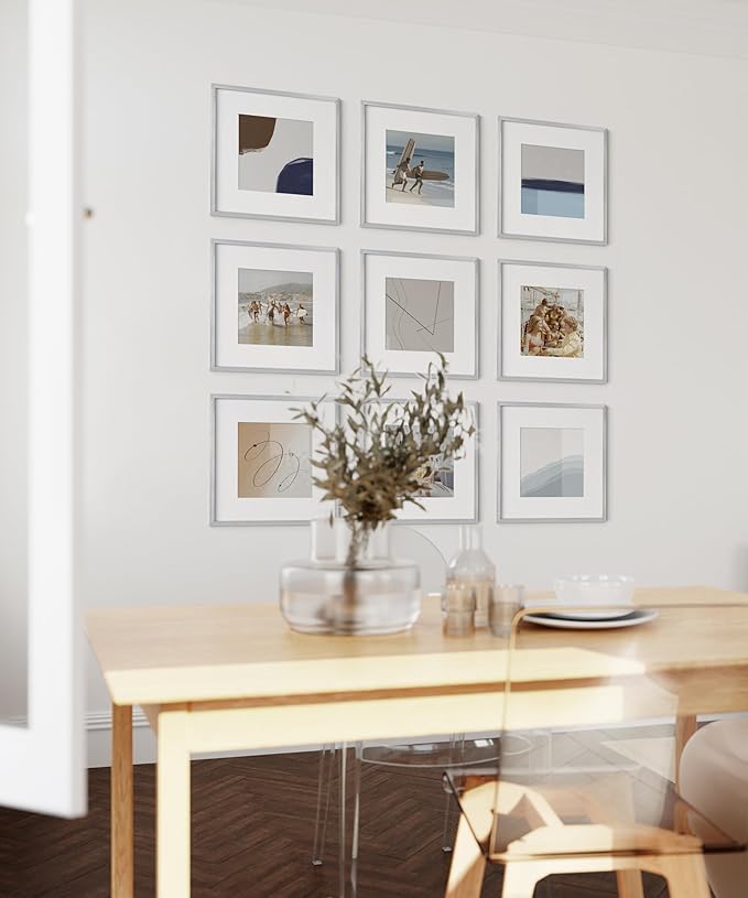 HAUS AND HUES 12x12 Silver Metal Picture Frames Matted to 8x8 - Features Premium Aluminum & Hanging Hardware, Shatterproof Plexiglass - Ideal for Home, Room, Office (12x12 in, Silver, Set of 25)