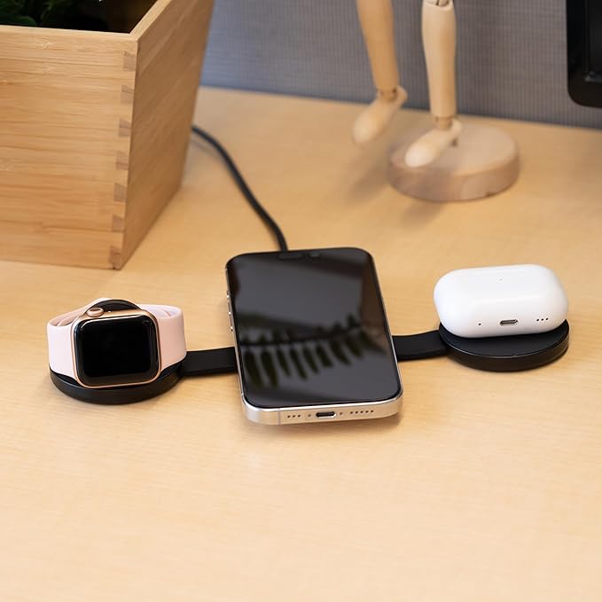 AT&T 3-in-1 Foldable Wireless Charging Station – 15W Qi-Certified Fast Charger Stand for iPhone 15/14/13, Android & AirPods – MagSafe Compatible – USB-C Cable Included – Black
