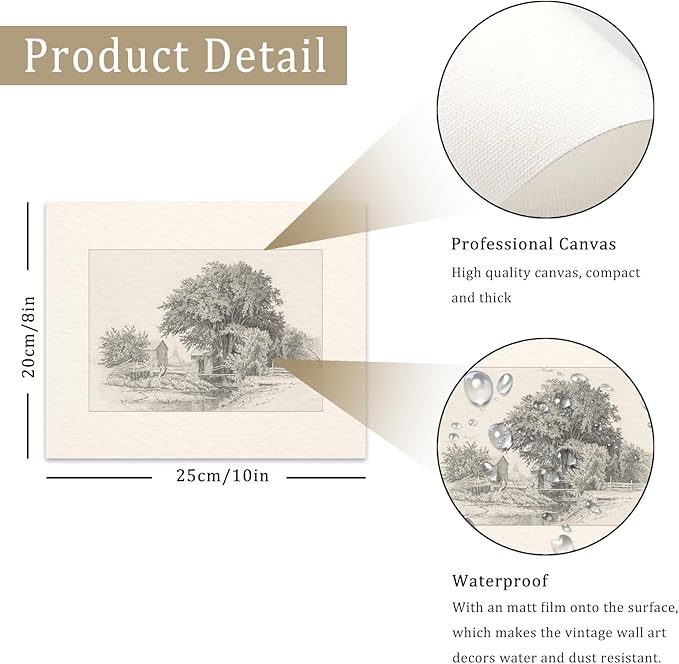 Neutral Vintage Wall Art for Home Decor, Farmhouse Landscape Sketches Wall Decor, Rustic Nature Canvas Prints Vintage Landscape Oil Painting Vintage Art Pictures for Bedroom Bathroom Decor( 8" x 10"-UNFRAMED)