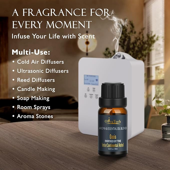 Hotel Diffuser Oil 20ml – Inspired by Intercontinental Hotel Oasis Scent, OliveTech Aromatherapy Fragrance Oil for Cold Air & Ultrasonic Diffusers, Glass Bottle (0.68 fl oz)