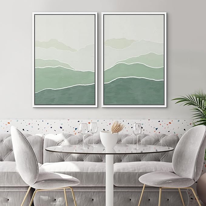 SIGNWIN Framed Wall Art Print Set Green Gradient Wave Landscapes Abstract Shapes Illustrations Modern Art Bohemian Relax/Calm Multicolor for Living Room, Bedroom, Office - 24"x36"x2 White