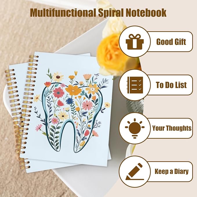 WUCHJ Dentist Gifts Notebook Journal, Dental Assistant Office Gifts for Women, Blue Floral Tooth Dental Spiral Notebook Journal for Note Taking, Dentist Office Supplies, 5.5x8.3 Inch