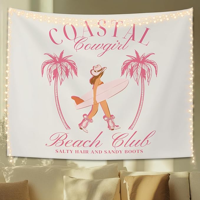 STHTTSW Coquette Coastal Cowgirl Tapestry, Pink Aesthetic Tapestries Wall Blanket, Preppy Girly Wall Hanging Decor for Teen Girl Women Room College Dorm Apartment Bedroom, 50x60 Inch