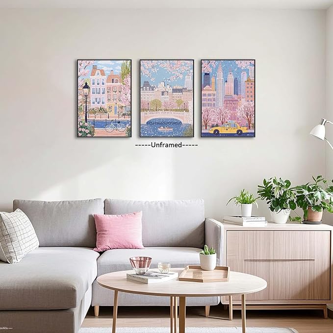 XLARTMY Watercolor City Landscape Travel Wall Art Canvas Framed Pink Cherry Flower Poster Girly Prints Painting Pictures Set of 3 for Bedroom Living Room Office 16x24in Unframed