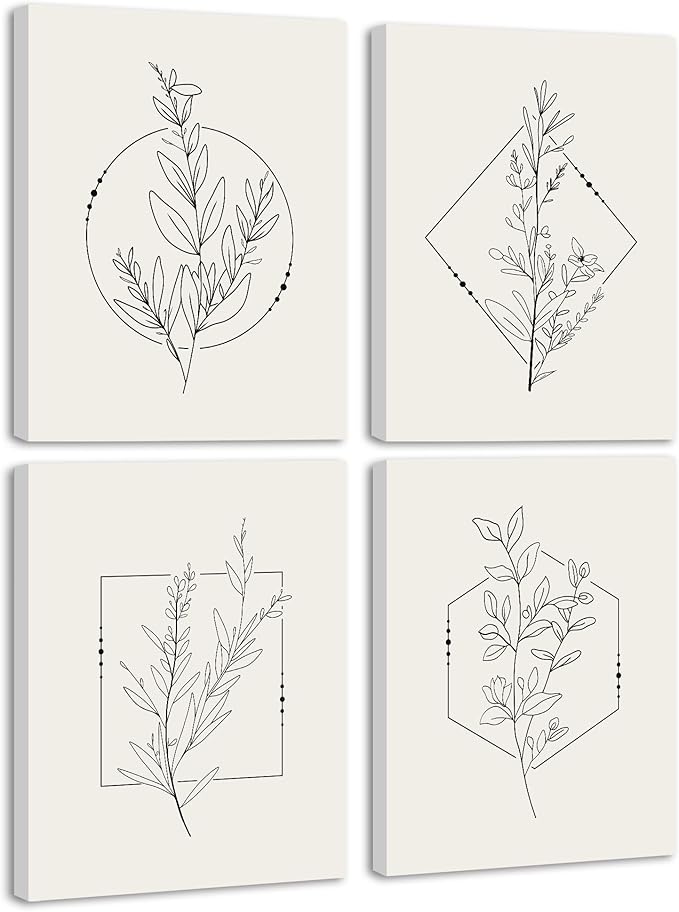 Drsoum Botanical Flower Boho Framed Wall Art Wooded Minimalist Aesthetic Floral Prints Farmhouse Retro Plants Rustic Bathroom Kitchen Home Decor Ready to Hang 8x10inx4pcs (Framed)