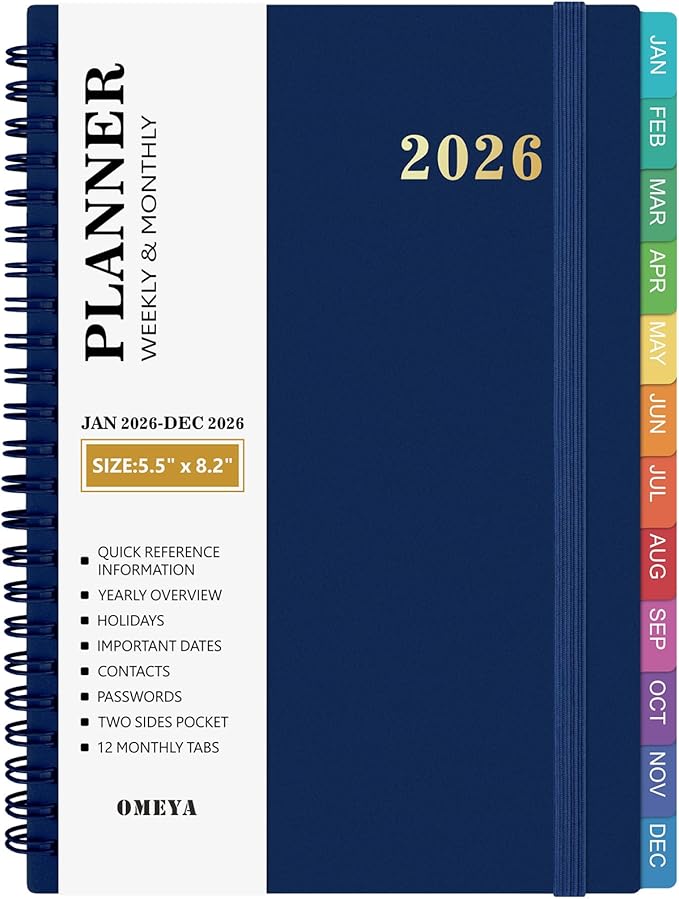 2026 Planner – 2026 Planner Weekly and Monthly: Jan. 2026 - Dec. 2026, 5.5" x 8.2", 2026 Calendar Planner with Monthly Tabs, Flexible Cover, Thick Paper, Inner Pocket for School Office Supplies(BLue)