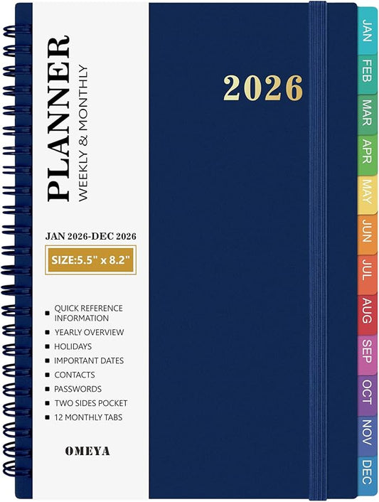 2026 Planner – 2026 Planner Weekly and Monthly: Jan. 2026 - Dec. 2026, 5.5" x 8.2", 2026 Calendar Planner with Monthly Tabs, Flexible Cover, Thick Paper, Inner Pocket for School Office Supplies(BLue)