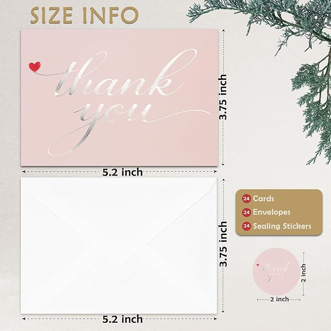 Cheerin 24 Pack Pink Thank You Cards With Envelopes Set - Elegant Silver Foil Thank You Notes for Wedding, Birthday and Baby Shower - Bulk Appreciation Cards 3x5 inch