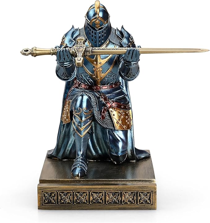 King's Guard Leader Cloak Warrior Knight Pen Holder Mobile Phone Stand, Ornament Knight Statue, Pen Stand Paperweight for Office and Home (Blue)