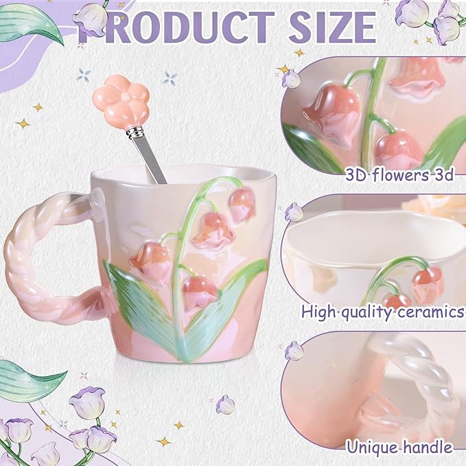 Yoiemivy 2 Pack Cute Coffee Mugs 3D Flower Ceramic Mugs 13 oz Aesthetic Floral Cups Christmas Birthday Gifts for Women Friends Family Flower Lovers