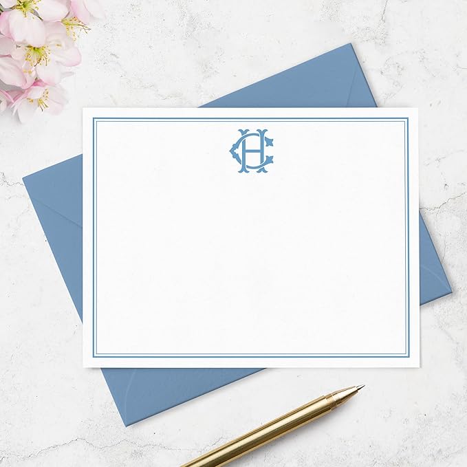 Fairmont & Grove Chic Interlocking 2 Letter Monogram Note Card and Envelope Stationery Set, Classic Monogrammed Personalized Stationary in Choice of Set Size and Colors (Monogram with Double Border)