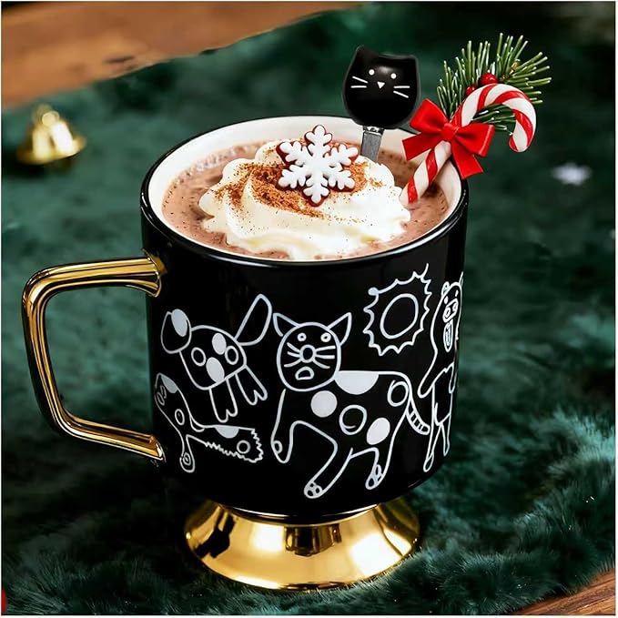 Christmas Mugs Whimsical Animal Ceramic fun Coffee Mug – 14oz Childlike Hand-Drawn Cat, Dog & Bear Design – Cute gothic Coffee Cup Gift for Women, Girls, Kids (Black)